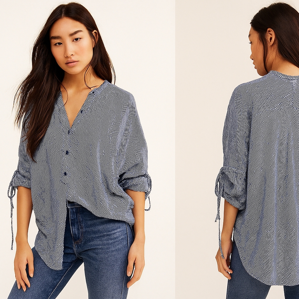 🌴 H&M Striped Button-Down Top – 3/4 Sleeves, High-Low Hem, Size 8
